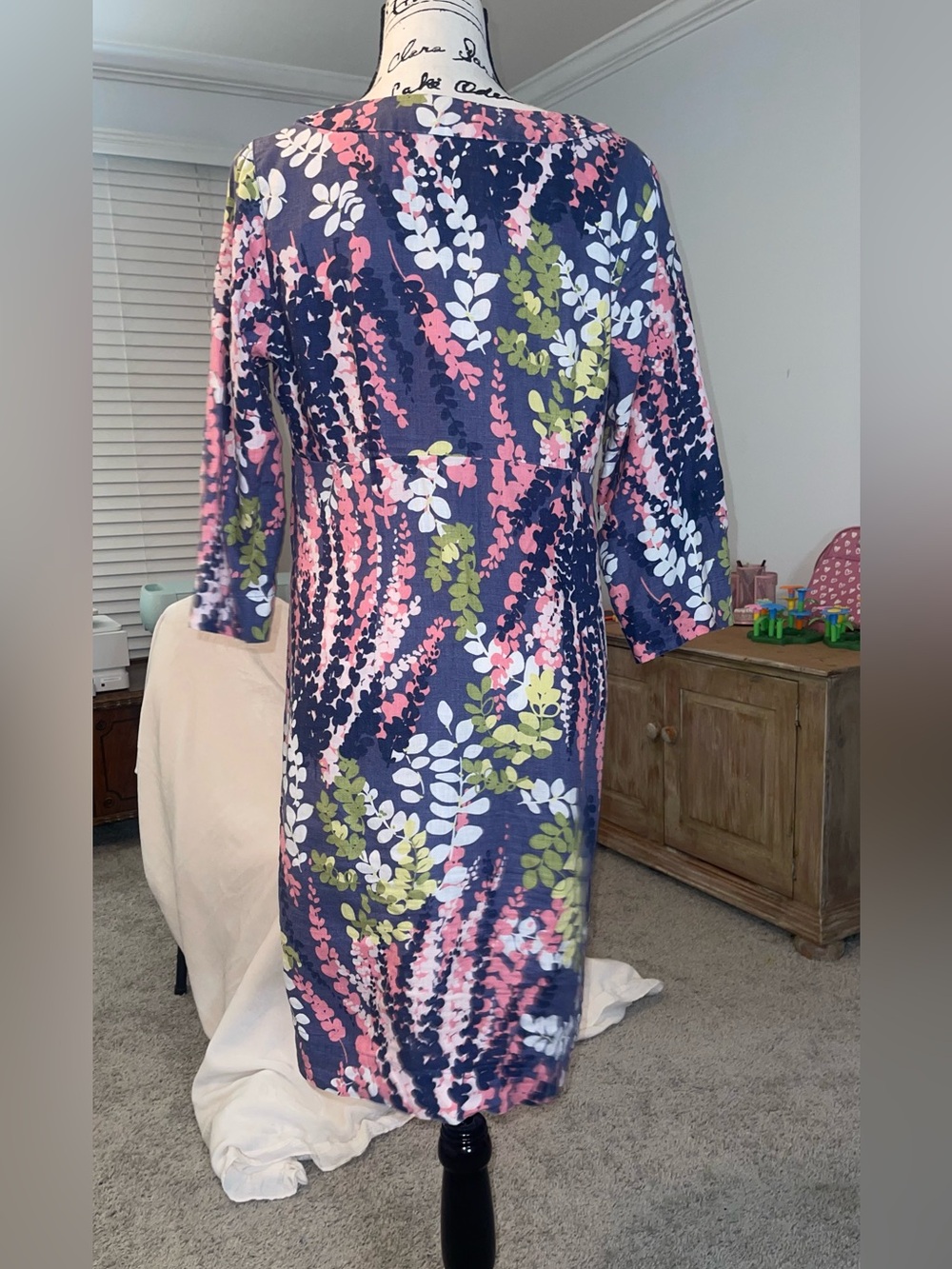 Boden- Floral Navy Women's Dress in Pink & Olive zips on the side - Picture 6 of 14